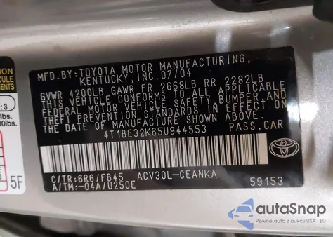 2005 Toyota Camry Le z USA, uszkodzony, nr VIN 4T1BE32K65U944553